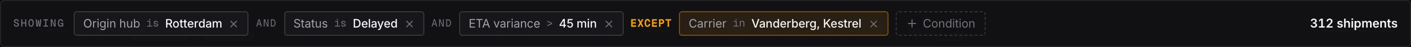 Condition builder rendered as a readable sentence