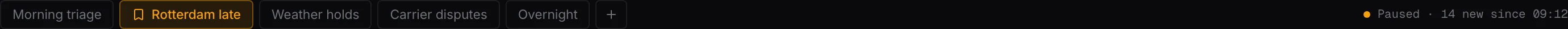 Saved view tabs with a paused freshness indicator