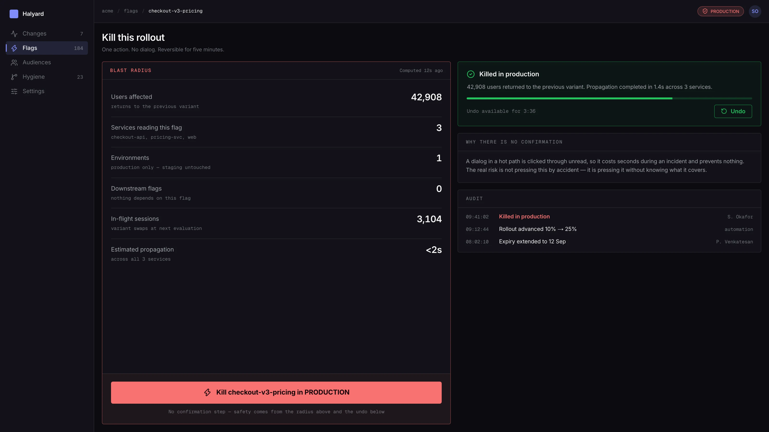 Kill control showing blast radius and a five-minute undo window