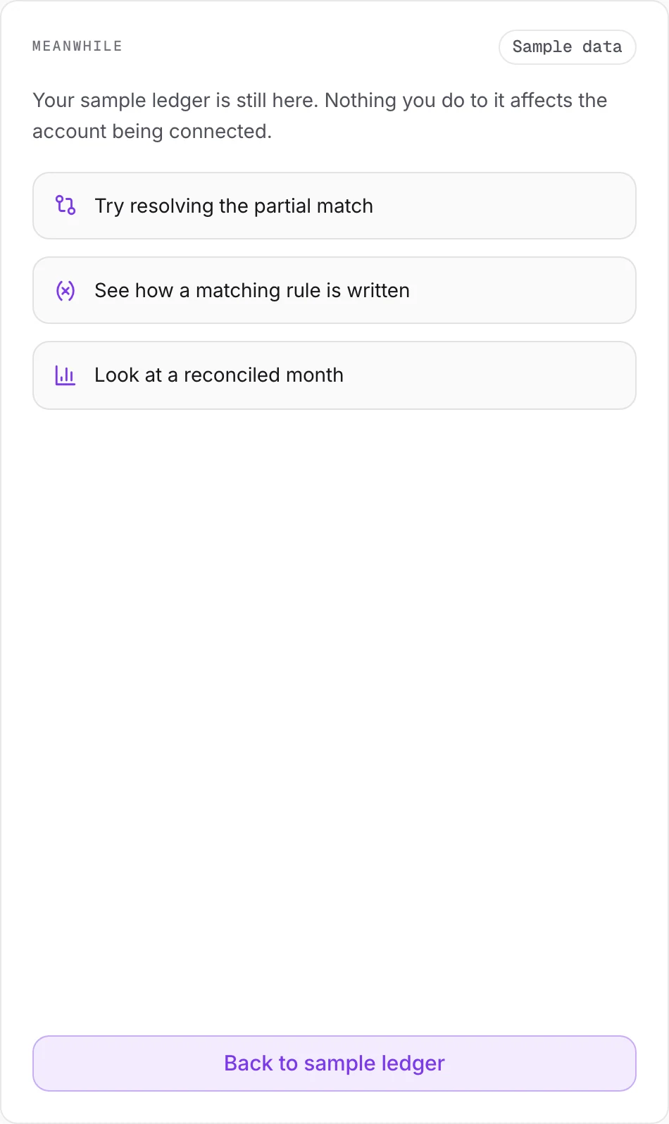 Panel offering things to do while the sync runs