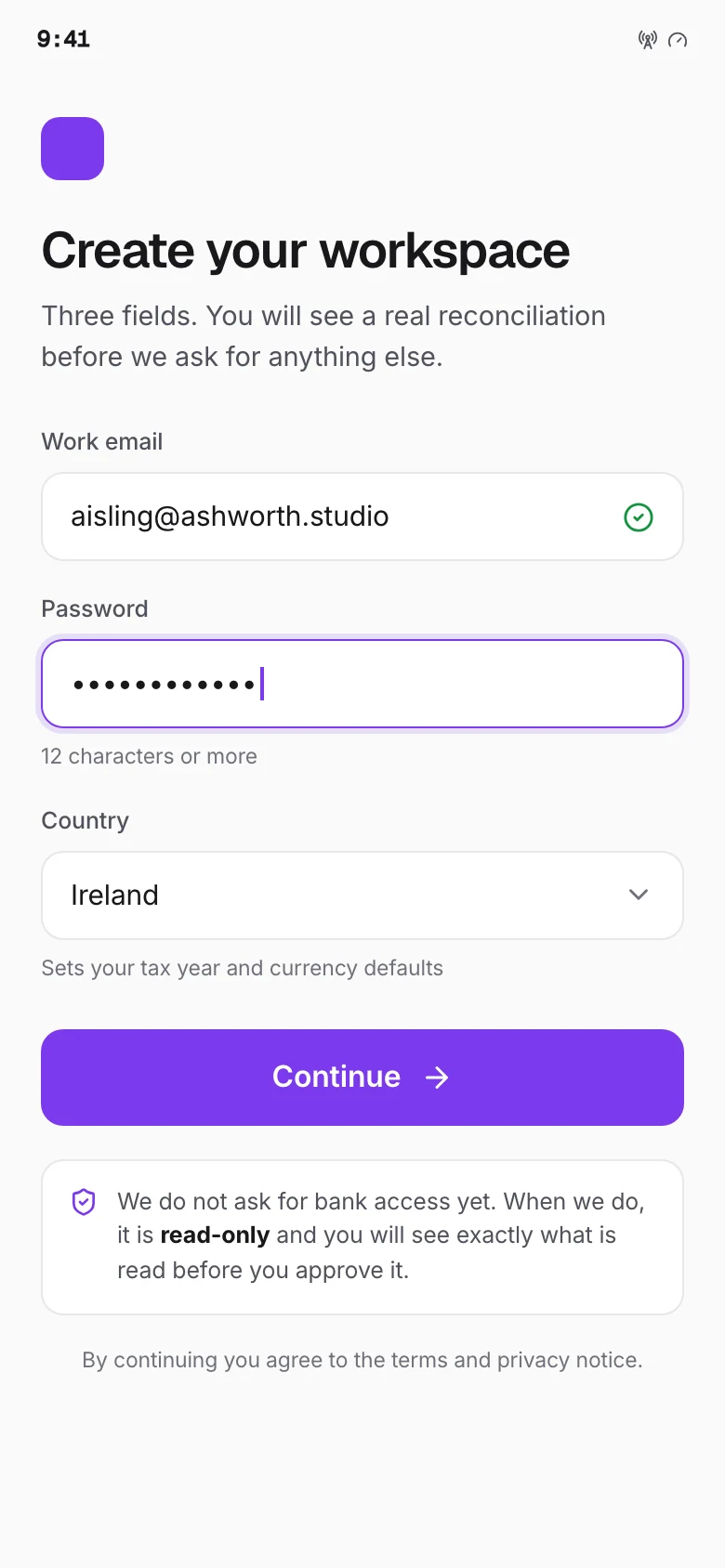 Mobile signup with email, password and country