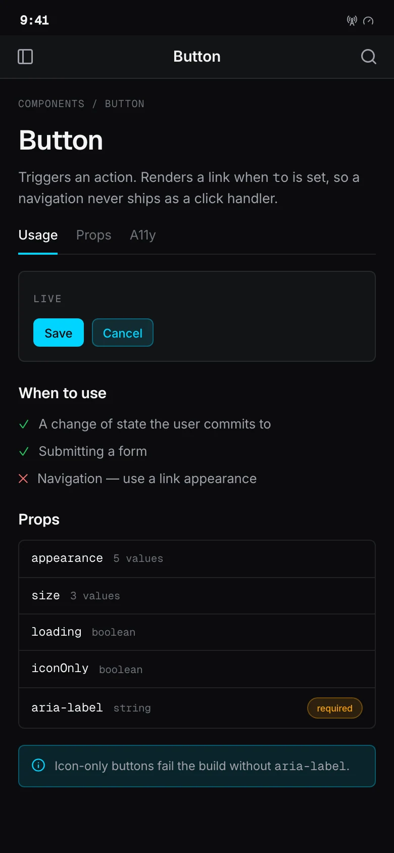 Button documentation page on mobile with a live specimen