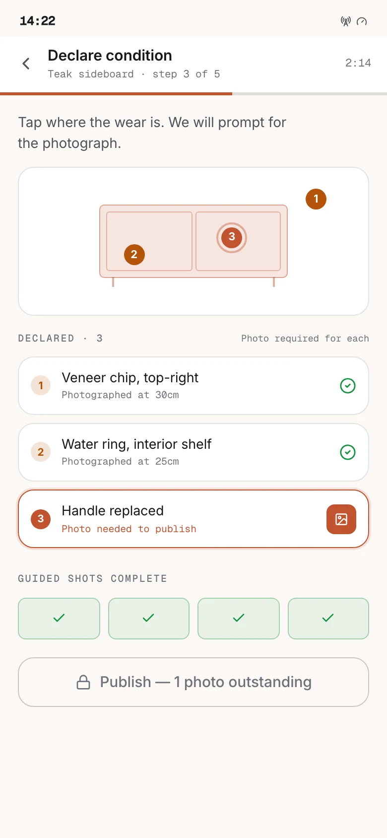 Mobile seller intake with a tap-to-locate flaw diagram